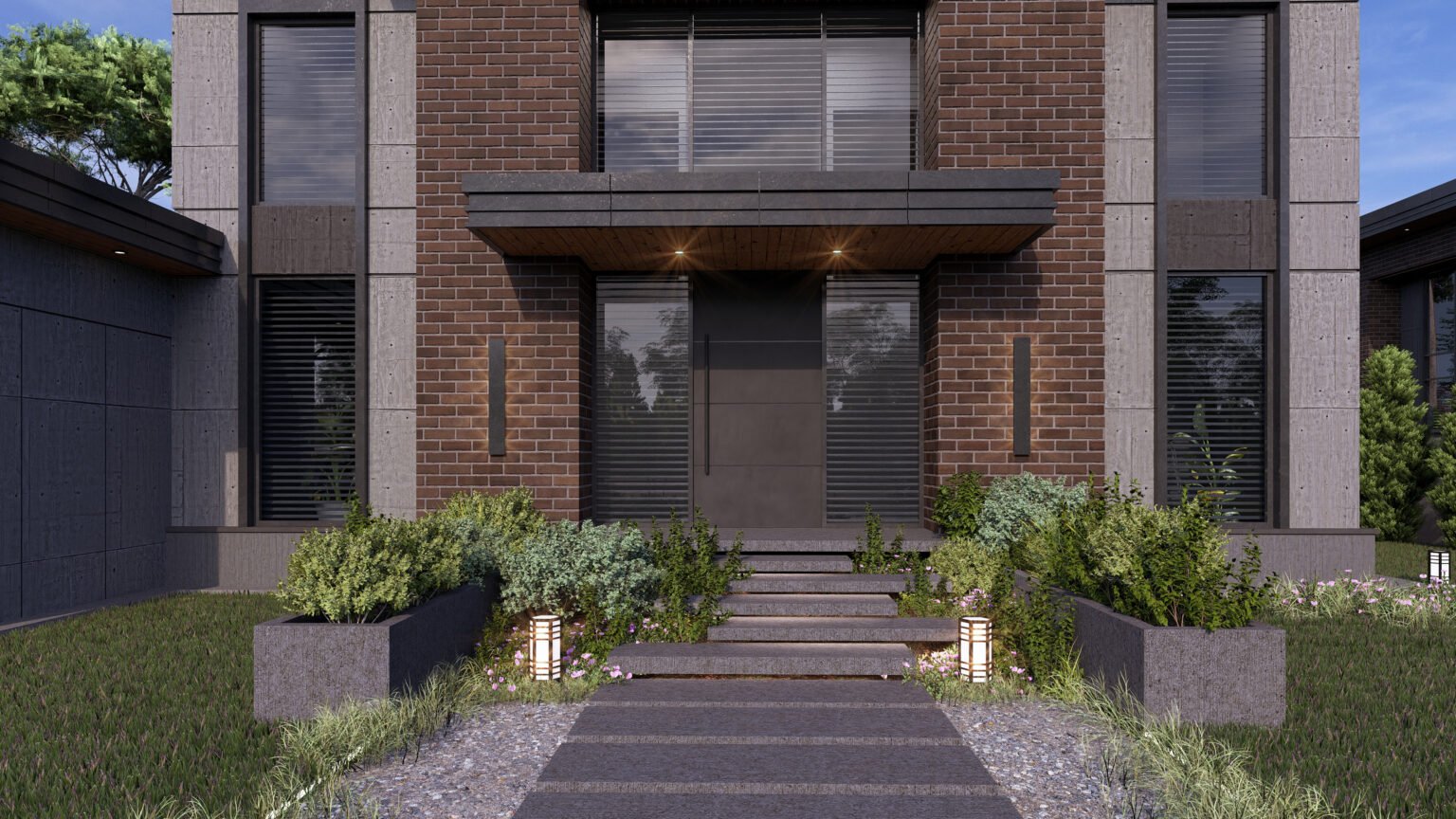 Ankara modern villa giriş tasarımı – Bump Proje’nin Gölbaşı’nda tasarladığı lüks konut projesinde tuğla ve beton detaylı modern giriş görünümü.