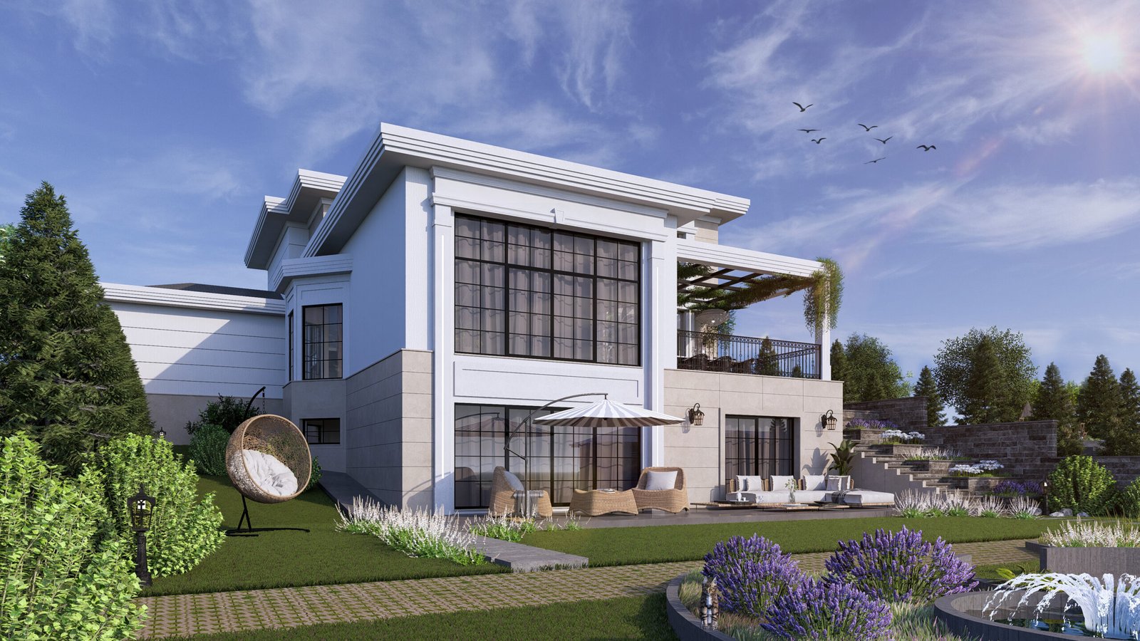 Villa Belvera – Lavanta bahçesi, klasik mimari villa tasarımı ve peyzaj düzenlemesi