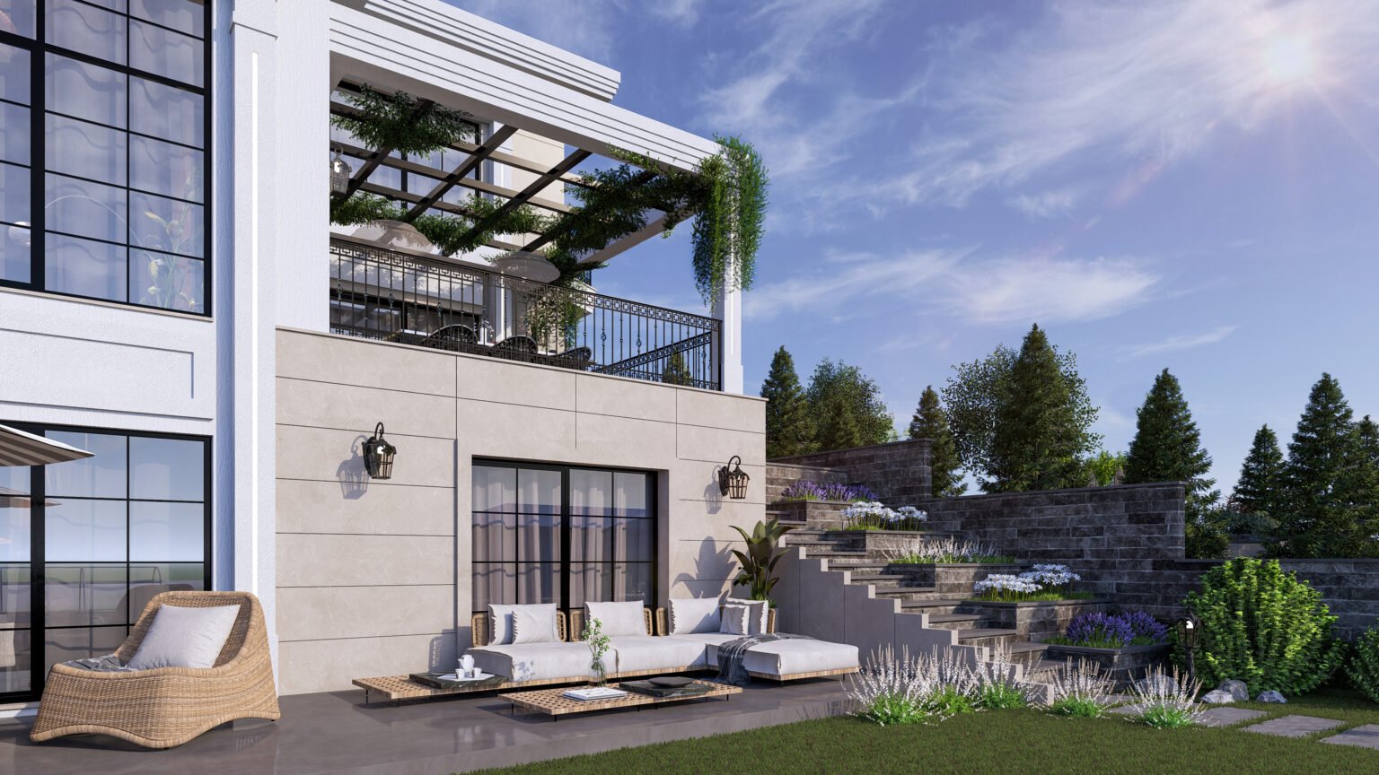 Villa Belvera bahçe ve oturma alanı, lüks villa peyzaj tasarımı