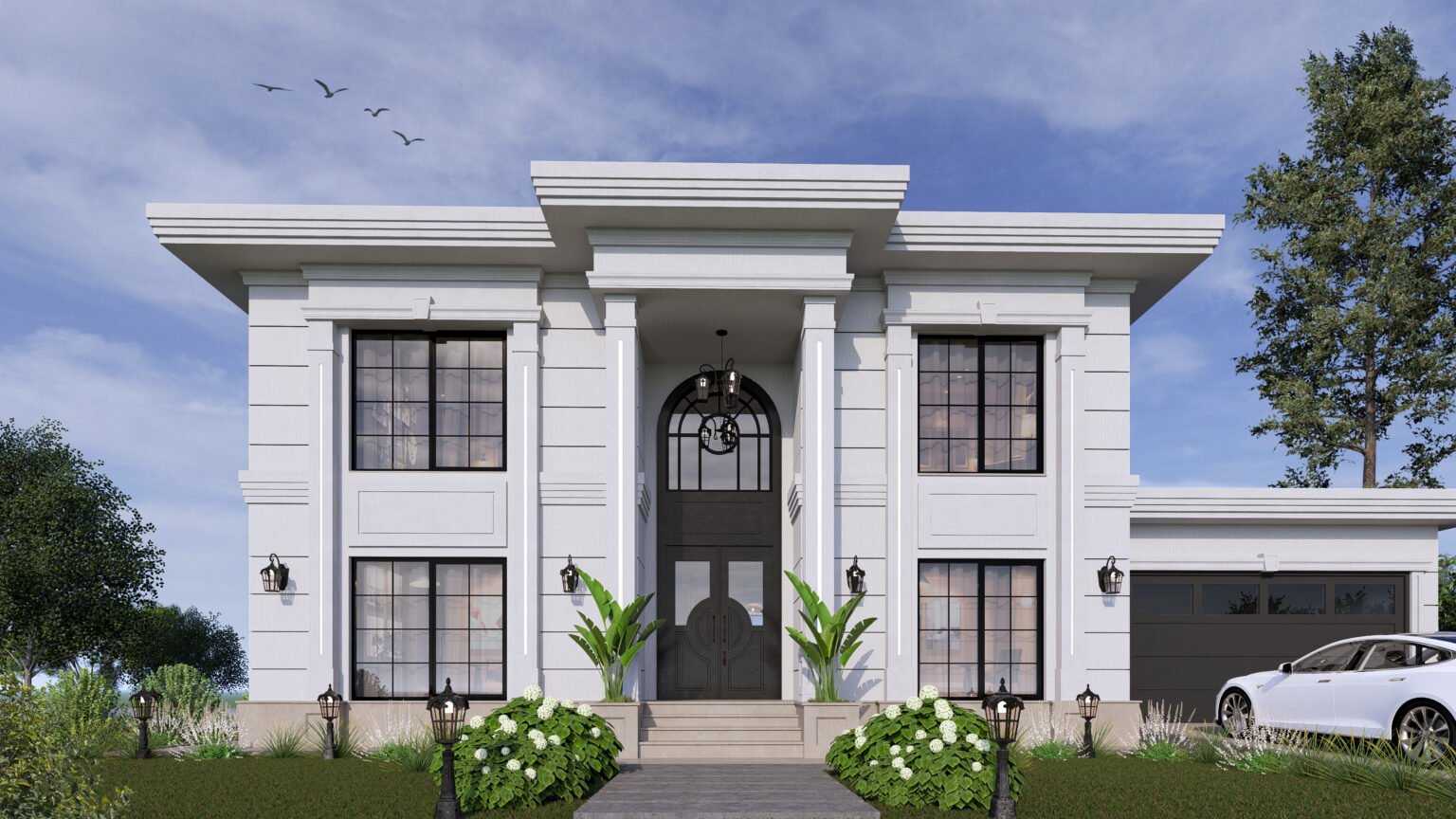 Villa Belvera – İki katlı neoklasik mimari ön cephe tasarımı, simetrik sütun detayları ve zarif giriş kapısı ile klasik villa görünümü