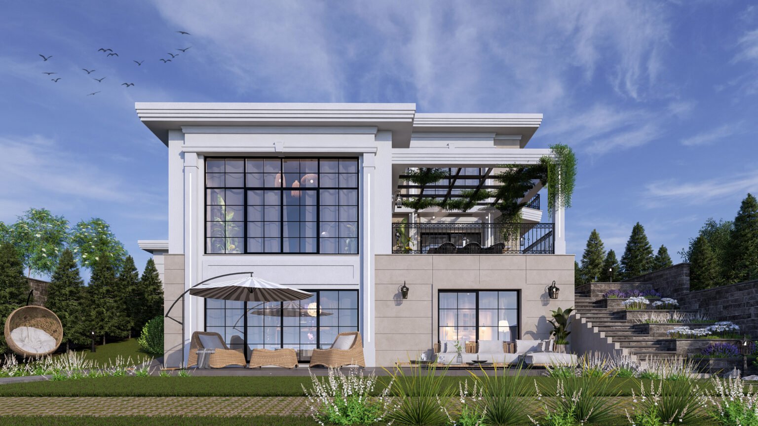 Villa Belvera ön cephe tasarımı – Modern balkon ve peyzaj düzenlemesi