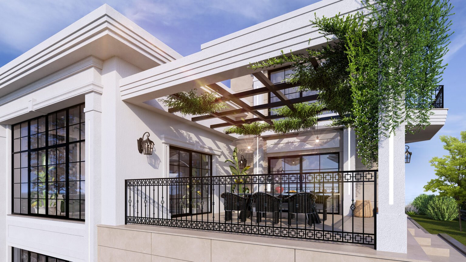 Villa Belvera – Üst kat balkon ve pergola tasarımı, modern oturma alanı, tırmanıcı bitkilerle gölgelendirme ve ferah açık hava ortamı