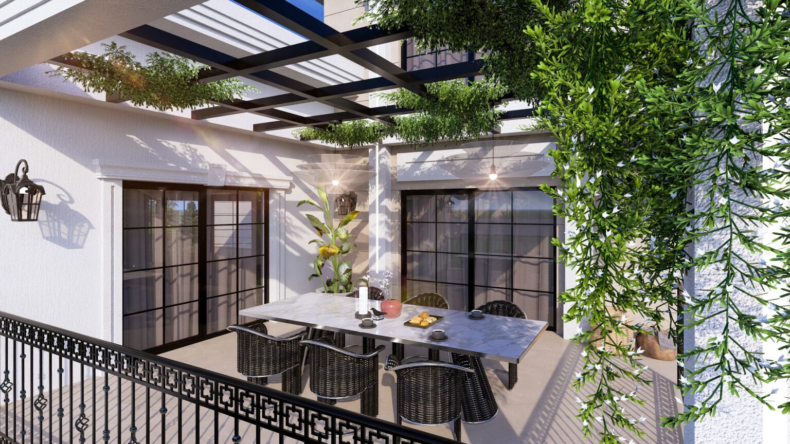 Villa Belvera – Üst kat teras ve modern yemek alanı tasarımı, pergola gölgelik, yeşil bitkiler ve ferah açık hava ortamı