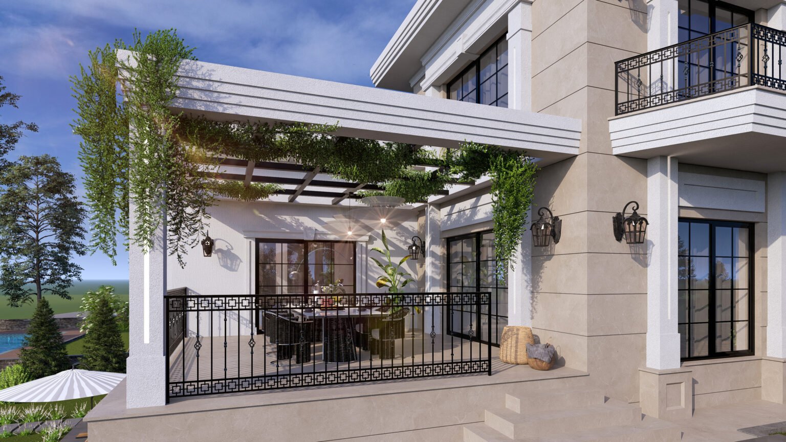 Villa Belvera – Yan cephe ve balkon tasarımı, modern pergola ve sarmaşık bitkiler ile estetik görünüm